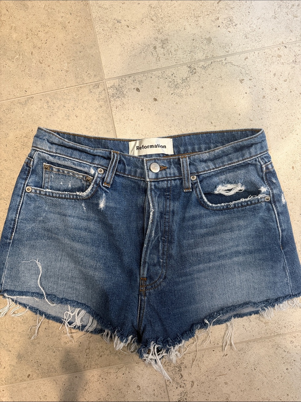 Reformation Blue Distressed Denim Cutoff Shorts